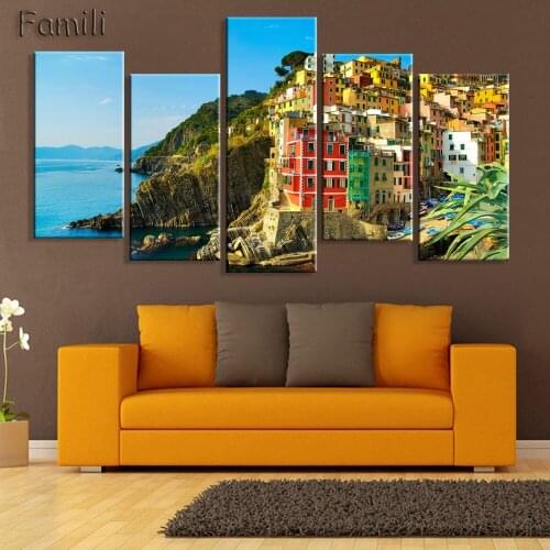 HD 5PCS Wall Art Canvas Fabric Poster Italy Town Landscape Panorama For Room Decor Home Decoration,decorative pictures