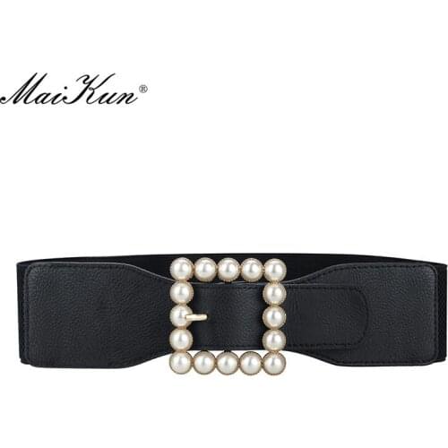 Maikun Black Girdle Elastic All-Match White Pearl Belt Female Decoration Waistband With Skirt Dress Clothes Wide Skirt