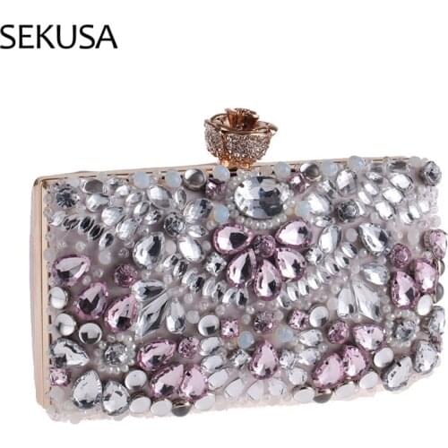 Flower Metal Evening Bags Diamonds Luxury Knitted Day Clutches One Side Party Wedding Handbags Purse