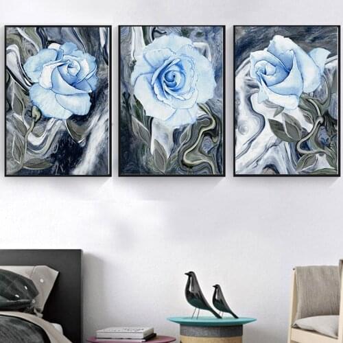 Abstract Blue Rose Flower Leaf Plant Wall Art Canvas Painting Nordic Posters And Prints Wall Pictures For Living Room Home Decor