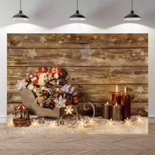 NeoBack Vinyl Wood Wall Christmas Backgrounds Photography Wood Wall Bear Snow Sleigh Candals Decoration Photocall Party Banner