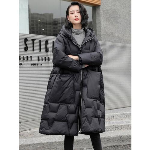 Ailegogo Winter Women Hooded Loose Thick Warm 90% White Duck Down Long Parkas Casual Female Zipper Pocket Down Coat Snow Outwear