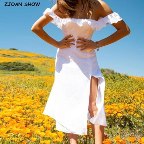 France Style Vintage Front Split Women Dress White Retro Slim Waist Hem Slit Ruffles Tank Midi Dresses Holiday