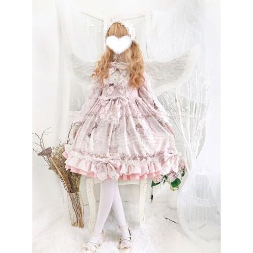Princess sweet lolita dress retro lace bowknot o-neck lantern sleeve cute printing victorian dress kawaii girl gothic lolita op