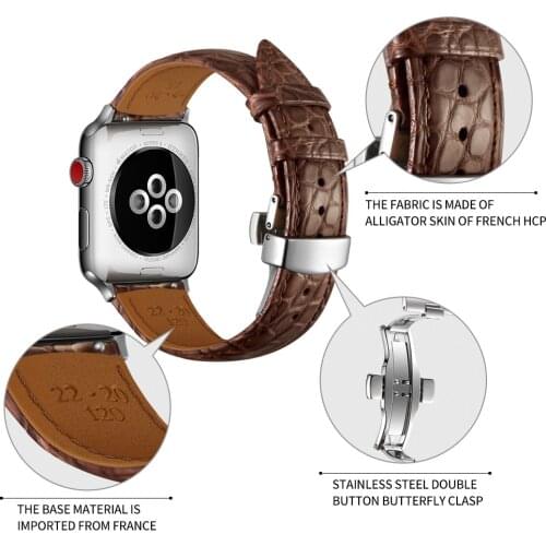 Professional Genuine Crocodile Leather Watchband for iWatch Series 5 4 3 2 Apple Watch 38mm 40mm 42mm 44mm Band Butterfly Clasp