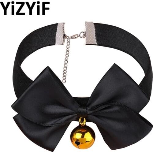 Bow Tie Neck Choker Collar Necklace with Bell Adjustable Soft Ribbon Bow Bell Sexy Bow Knot Small Bell Collar Choker Role play