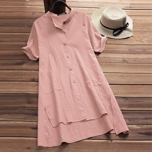 Womens Tunic Blouse Loose Short Sleeve Solid Irregular 5X Big Size Dresses Summer 2020 Cotton Linen Shirt Women Button Up Long