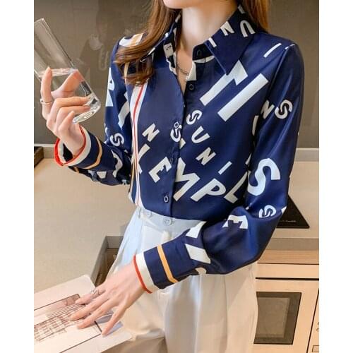 2021 autumn new fashion hit color letters commuting OL casual irregular striped long-sleeved shirt female chiffon shirt