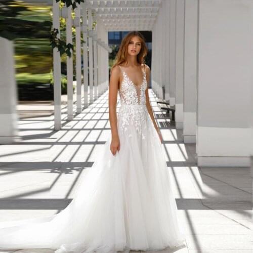 Sexy V-neck Illusion Applique Lace Tulle Sweep Train Backless Wedding Dresses robe de mariage 2020 Wedding Gowns