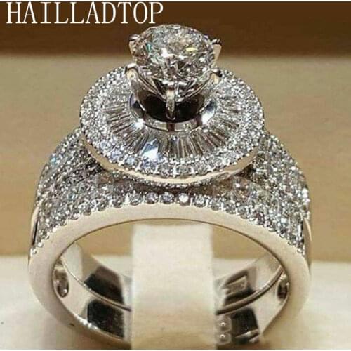 2 Pcs Round Crystal Rings Luxury Wedding Ring Set Zirconia Full Drill Proposal Ring Engagement Female Accessories Set Ring Gift