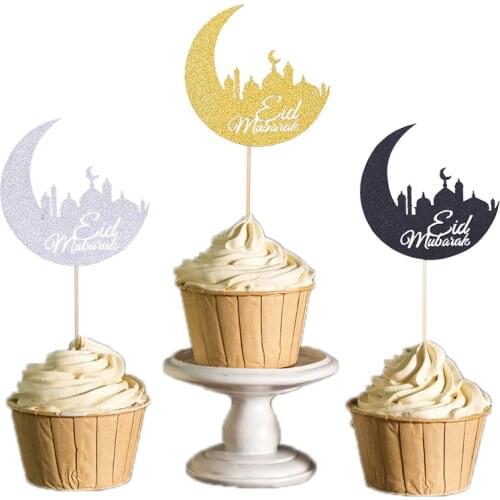 20pcs Paper Moon Eid Mubarak Ramadan Mubarak Cupcake Toppers For Muslim Eid Party Cake Decoration 8*17cm