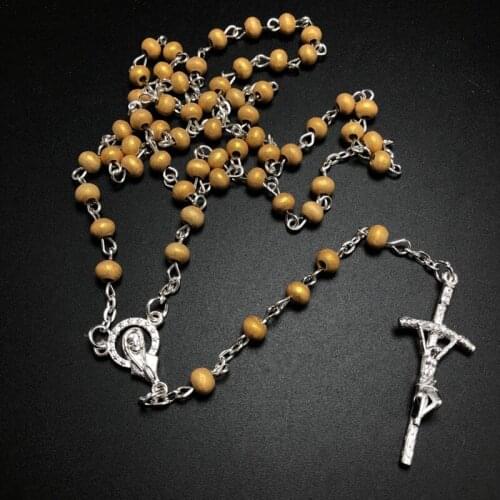 6pcs/pack 4mm golden color wood rosary,stering silver color chain rosary,virgin mary rosary necklace