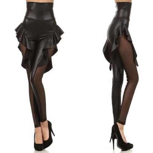 Wholesale Novelty Design High Waist Sexy Black Faux Leather Ruffled Leggings Women Skinny Pants Mesh Patchwork Pants