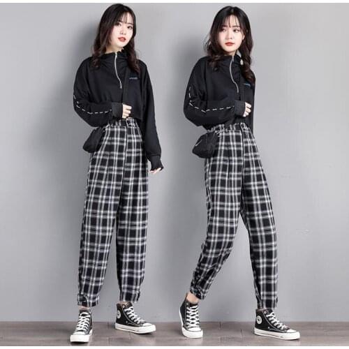 Black White Plaid Pants Women Spring Summer Beamed Harem Pants Casual Loose Straight Plus Velvet British High Waist Carrot Pant