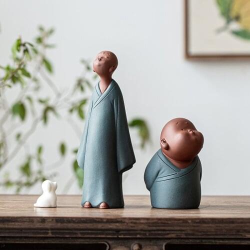 Buddhism Purple Sand Monk Statue Ornaments Home Study Teahouse Meditation Desktop Antique Shelf Decorations Ceramic Chinese Zen