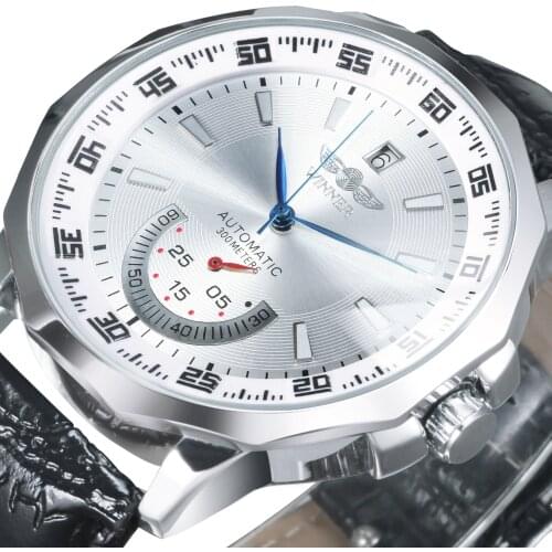 WINNER Official Automatic Mechanical Watch Men Auto Date Calendar Sub Dials Silver Dial Leather Band Top Brand Classic Business