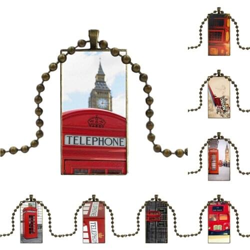 For Girls Handmade Gift Design Fashion Vintage Glass Women Rectangle Necklace Pendants Red British London Booth