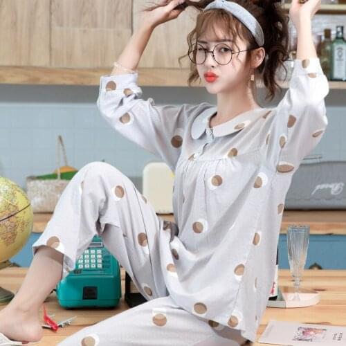 Home wear summer pajamas ladies cotton princess style Korean cute lapel gray pajamas suit bathrobe Dot yellow pink Nightgown