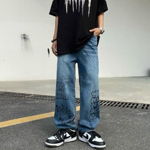 Harajuku Style Anime Cartoon Print Pattern Vintage High Street Mopping Wide Leg Jeans Summer INS Female Loose Denim Trousers