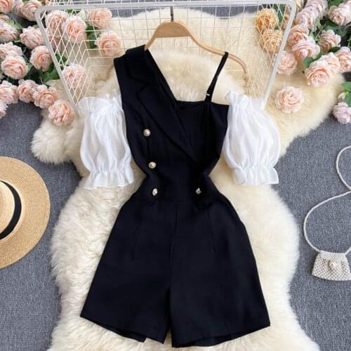 FTLZZ 2021 New Summer Women Streetwear Playsuits Ladies Contrast Design Wide Leg Jumpsuit Bubble Sleeves Rompers Shorts