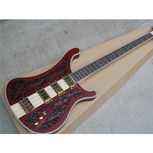 Red-brown Electric Bass with Engraving Pattern,4 Pickups,4 Strings,20 Frets,Gold Hardware,offer customized
