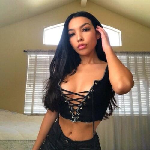 Summer Bandage Lace-up Crop Tops Women Fashion Sexy Slim Hollow Out Shiny Patchwork Black T-shirt Streetwear Top Tees Casual