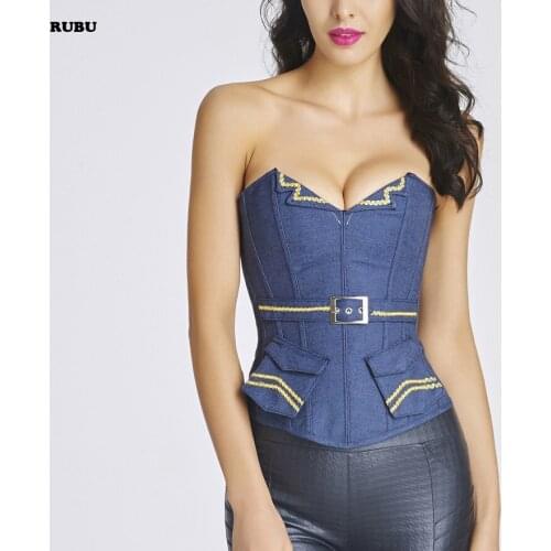 HOT SALE ! 2017 New Jeans Blue Corselet Sexy Denim Corset Womens Corselet Strapless Boned Corset And Bustiers With Thong Fast