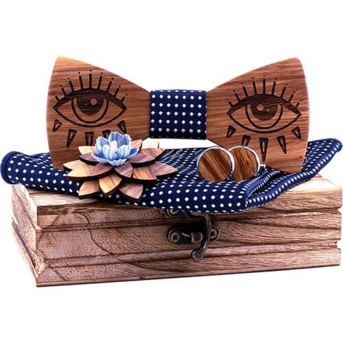 Box Set Wedding Man Shirt Gifts Mens Wedding Creative Bow Tie Laser Carving Eyes Solid Wood Bow Tie Cufflink Square Scarf Set