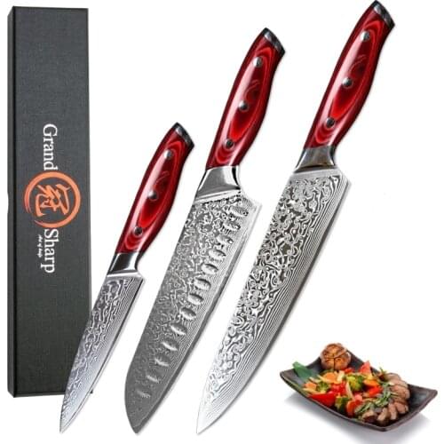 GRANDSHARP Japanese Damascus Knives Sets 67 Layers vg10 Japanese Damascus Chef Santoku Utility Kitchen Knives Set gift box