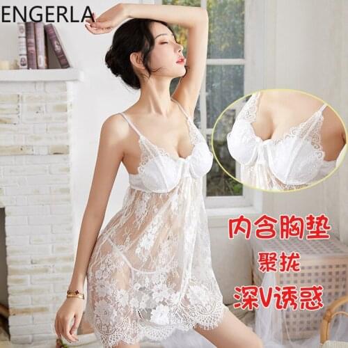 2021 New Sexy Deep V Steel Support Gathering Lace Suspender Nightdress Hollow Perspective Home Pajamas
