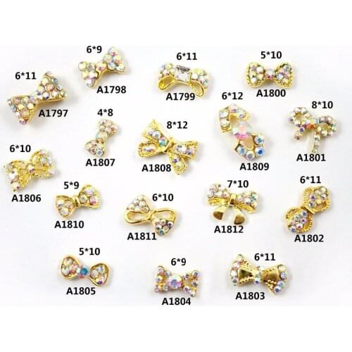 Factory Wholesales 10pcs mix sizes ab Crystal Gold Bow Nail Rhinestones ab Metal Nail Charms Jewelry 3d Nail Art Decorations DIY