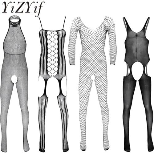 Full Body Stocking Sheer fishnet lingerie Men See Through Halter Neck/Long Sleeves/Hollow Out/Crotchless Stretchy Pantyhose Men