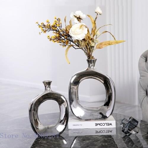 Hollow Ceramic Vase Hollow Out Round Shape Silver Golden Flower Vase Flower Arrangement Accessories Home Decoration Wedding