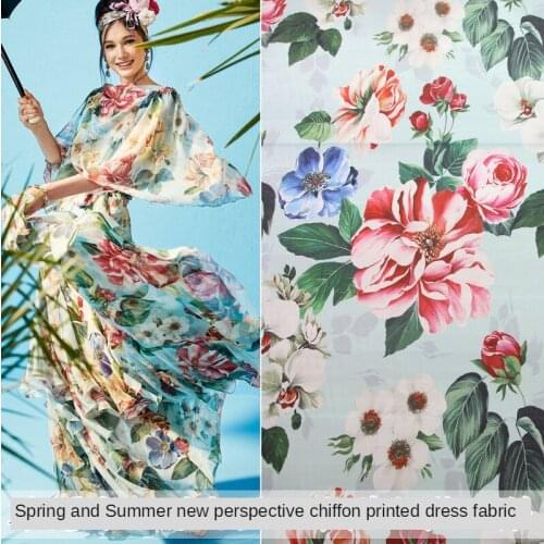 Spring and Summer Peony Printed Thin Chiffon Shirt Fabric for Handmade Holiday Dress Scarf Garment Material