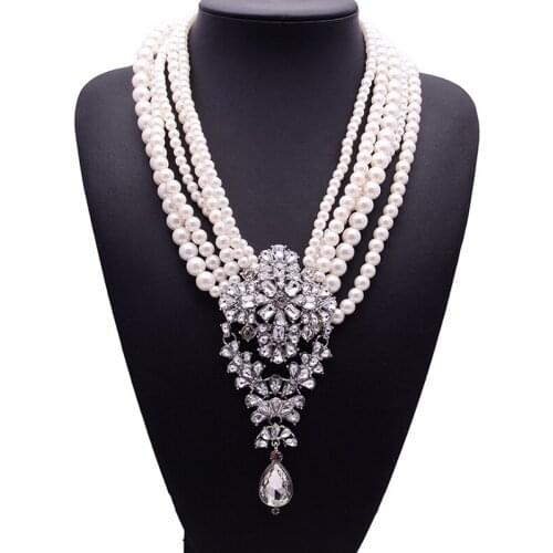 Vintage metal pendant brand design pearl crystal necklace long choker for women jewelry wedding dress accessories