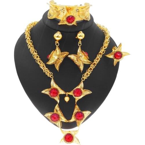 Yulaili Wholesale Brazil Gold Jewelry Set Hot Sale Big Gold Red Stones Bridal Necklace Earrings Bangle Ring Jewelry Set for Lady
