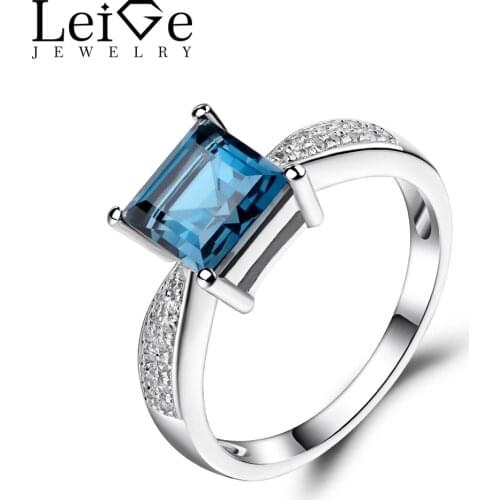 Leige Jewelry London Blue Topaz Ring Square Cut Blue Gemstone Rings Wedding Engagement Ring Sterling Silver 925 Fine Jewelry