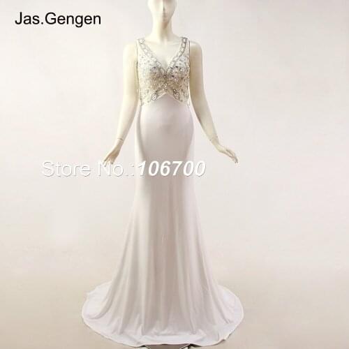 New Arrival Hand Make Crystal Beading Prom Dresses Mermaid V Neck Open Back Long Jersey Bridal Evening Gowns vestidos de fiesta
