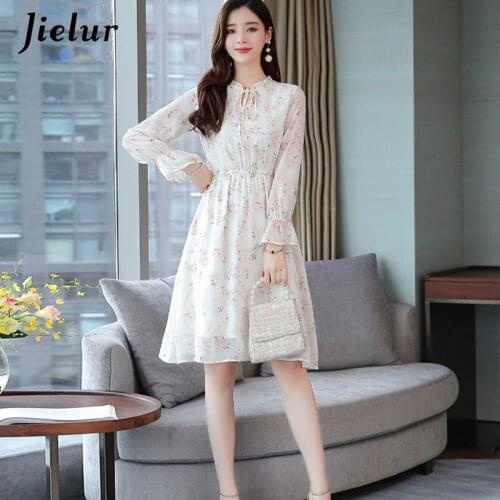 Jielur Chiffon Dress Women Long Sleeve Elastic Waist Robe Femme Floral Autumn Winter Dress 2021 Chic Elegant Foloral Dresses