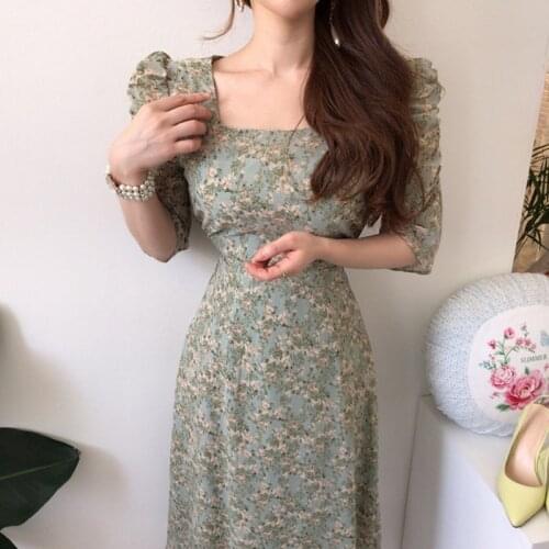 New Korean One-Piece WomenS Dress Chiffon Floral Dress 2021 Summer Square Neck Pleated Puff Sleeve Elegant Office Lady Dresses