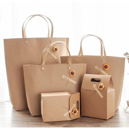 5PCS Kraft Paper Bags Gift Bags With Handle Cookie Packaging Boxes Dried Flowers Stickers Wedding Birthday Party Favor Boxes