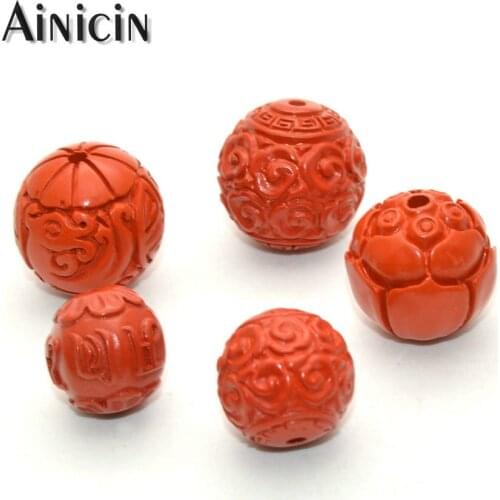 Ancient Dragon Auspicious Cloud Louts Six Words High Purity Red Cinnabar Loose Round Beads 12~15mm Bracelet Making Beads 10pcs