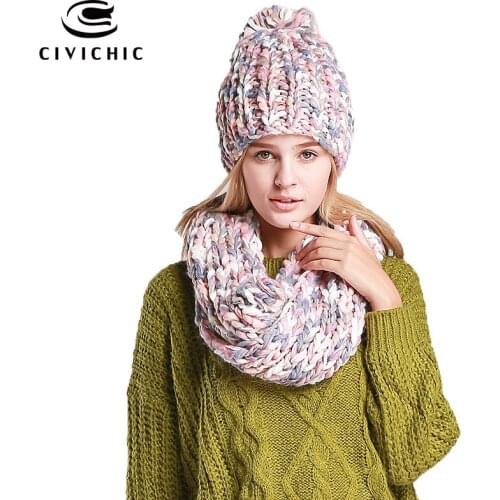 CIVICHIC New Arrival Handmade Hat Scarf Two Piece Set Crochet Knitted Warm Cap Color Mixture Scarves Thicken Chic Headwear SH101