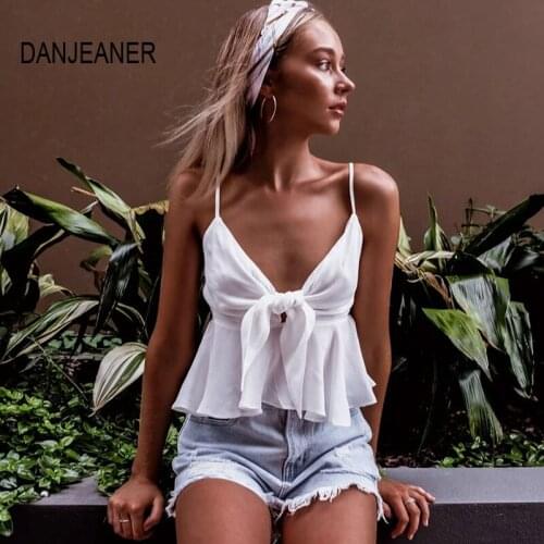 DANJEANER Summer Slim fit Blouse Spaghetti Strap V Neck White Bow Vest Short Chiffon Camis Tops Ruffles Sleeveless Basic Tops