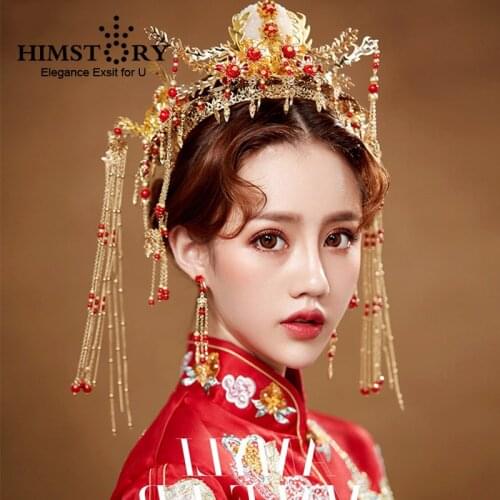 HIMSTORY Luxurious Chinese Bride Headdress Costume Gold Long Tassel Red Pearl Wedding Hairwear Photography Hair Accessories