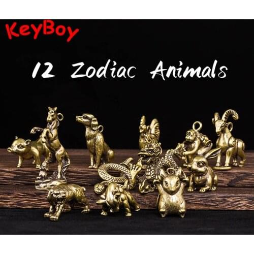 Brass Key Chain Pendant 12 Zodiac Animas Mice Bull Tiger Rabbit Dragon Snake Horse Sheep Monkey Chicken Dog Pig Figures Keychain