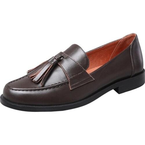 New Retro Women Loafers Fringe Genuine Leather Classic Calfskin Round Toe Fashion Ladies Single Shoes