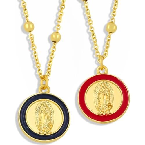 FLOLA Copper Virgin Mary Necklace Bead Colorful Round Pendant Gold Short Chain Necklace Gift Christian Jewelry nkey13