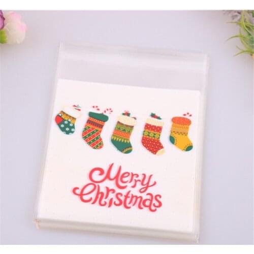 New Design 100pcs/lot 10x13cm Baking Cookie Packing Bags for Merry Christmas Candy Packaging With Santa Socks for Gift