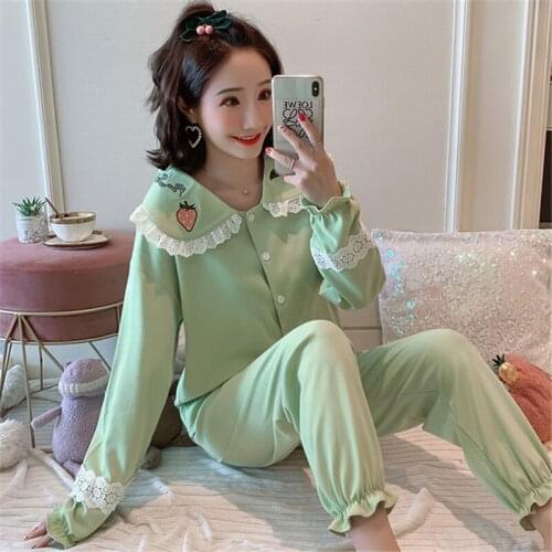 Blue pajamas women spring and autumn cotton long-sleeved loose large size lapel cardigan home service two-piece pijama feminino